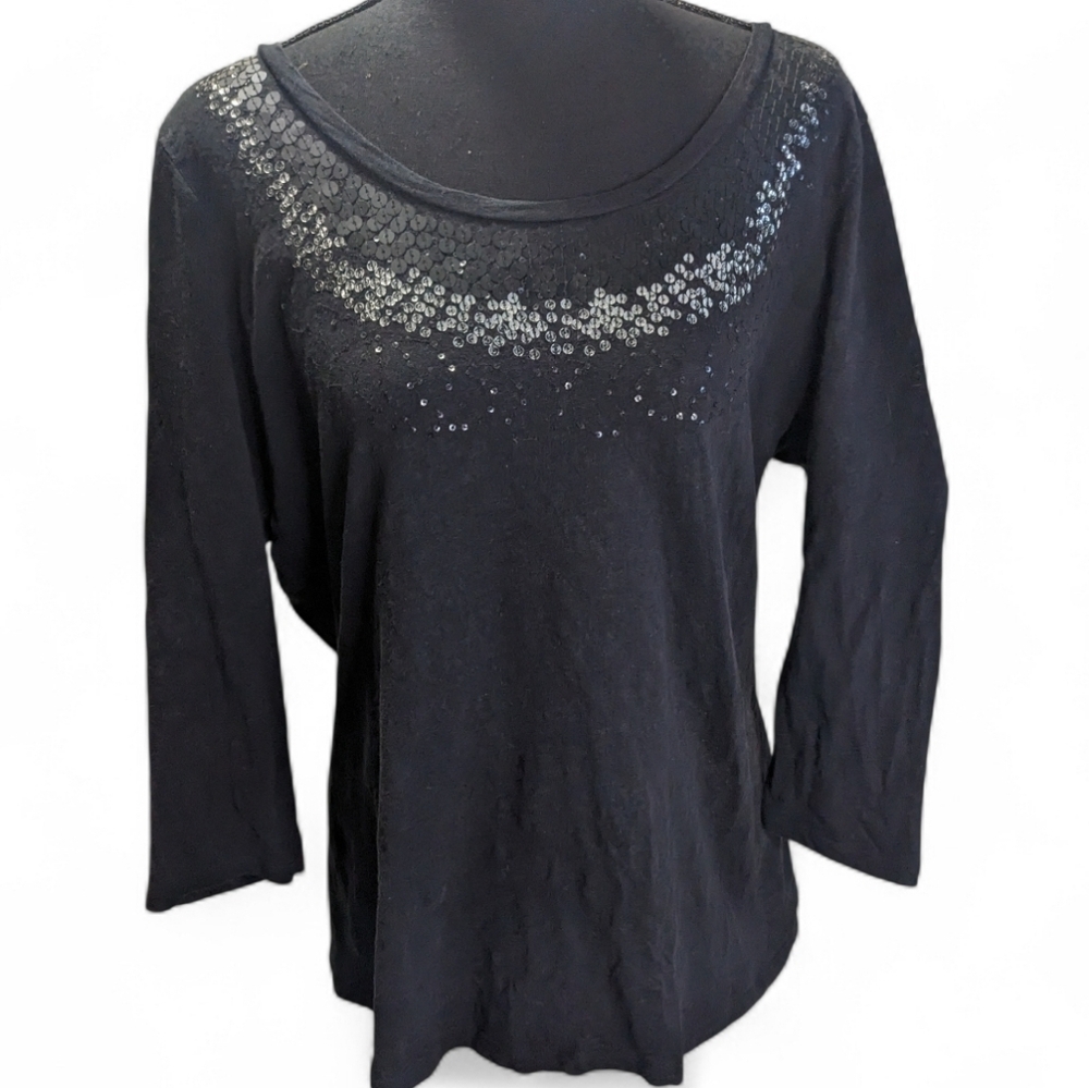Talbots Women's 3/4 Sleeve Black Sequined Cotton Top Size X
